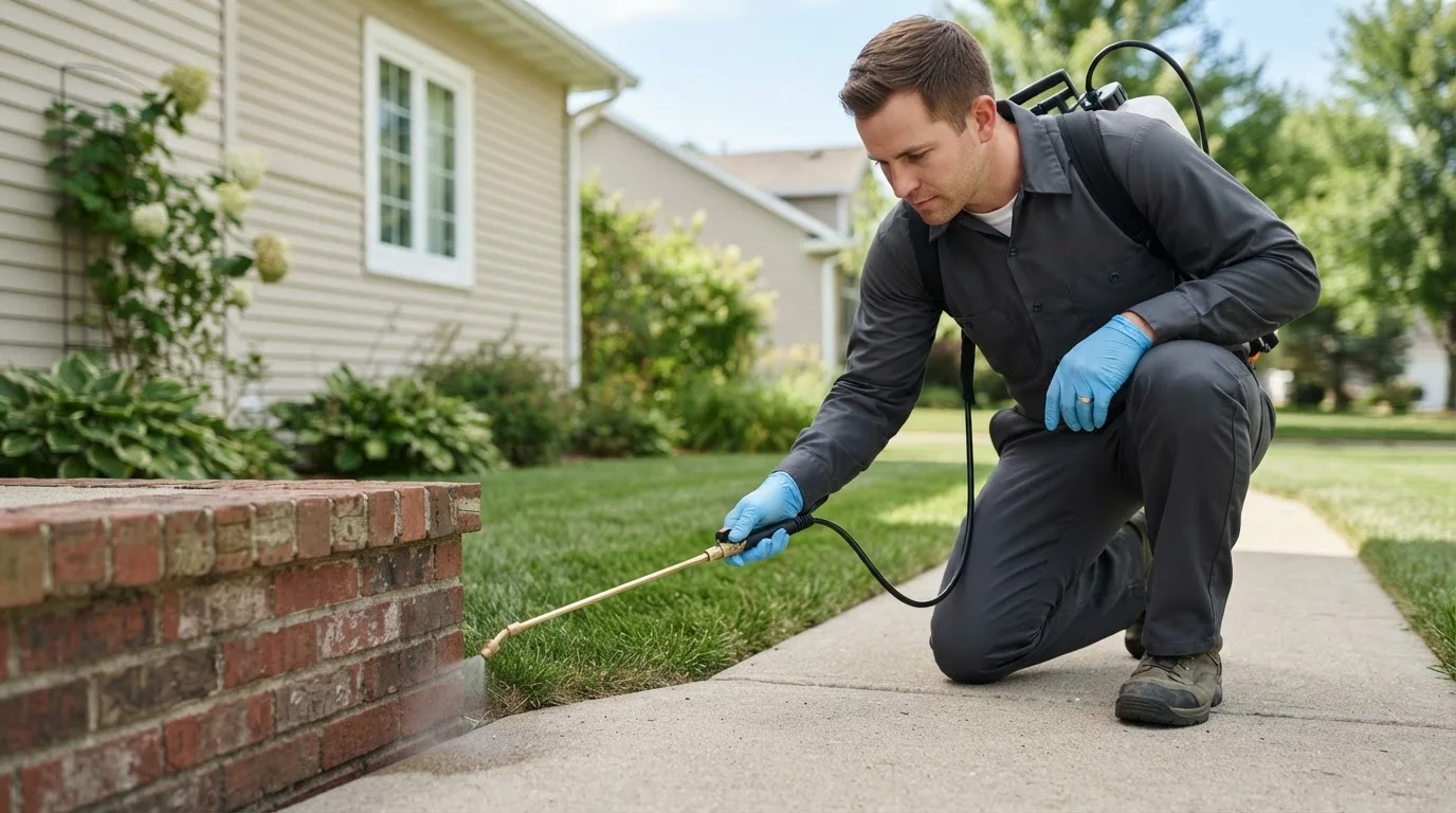 Pest control technician treating a home near Longton, KS